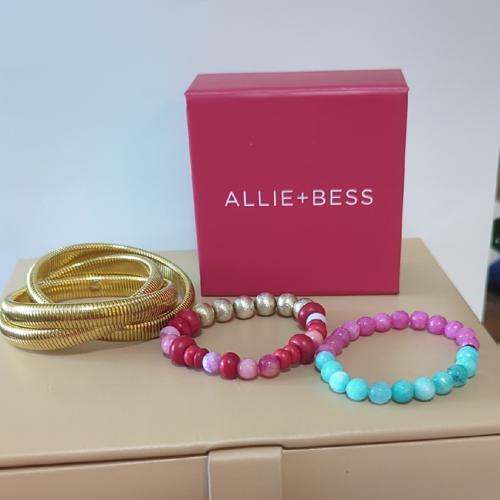 Allie+Bess Bracelet Set with Gold, Red, and Pink Beads
